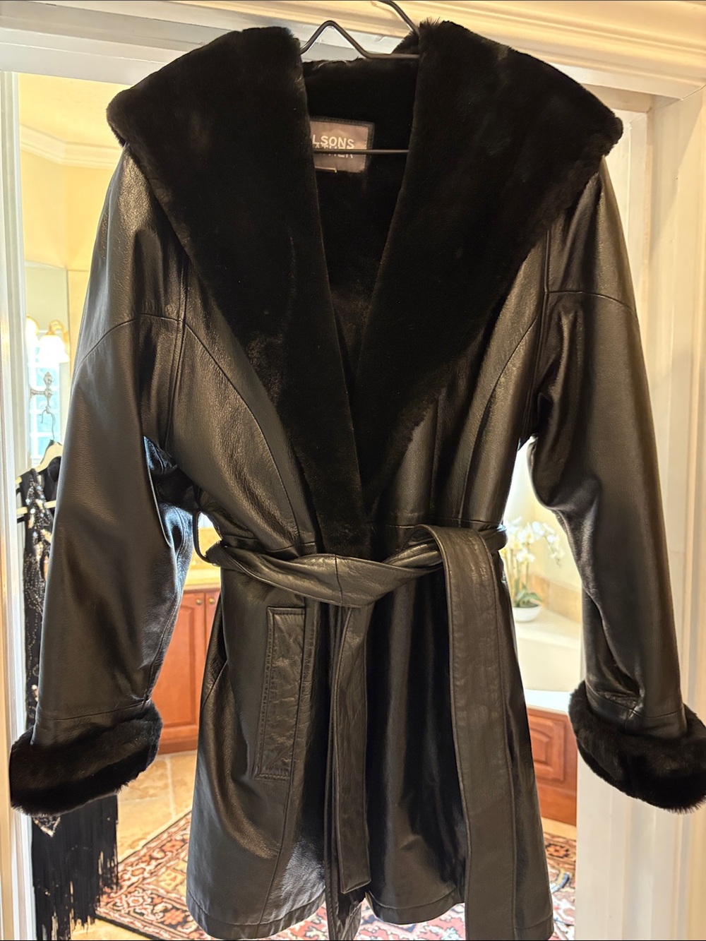 Wilson Black Leather Trench Coat with Faux-Fur Trim
